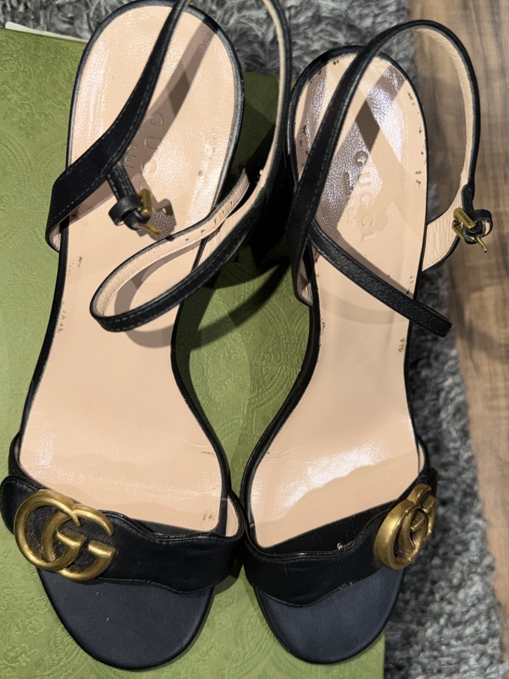 Gucci Black Leather Slingback Heels with Gold Double G